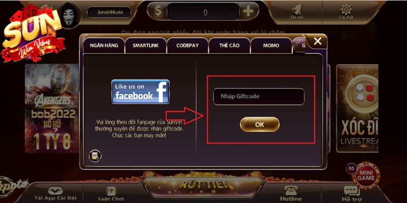 Hướng dẫn sử dụng giftcode để nạp tiền Sunwin